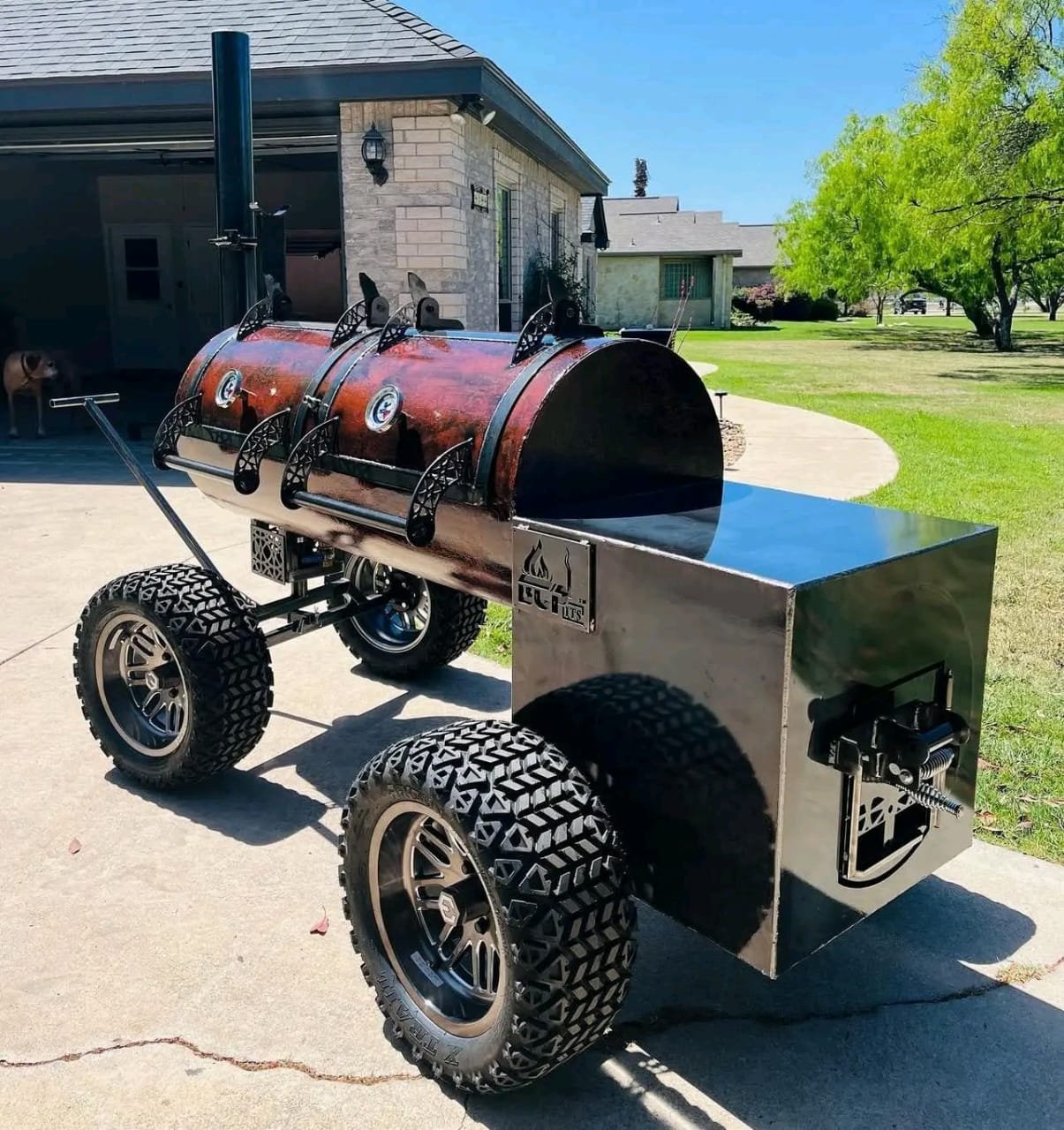 mr bbq 150 Gallon Smoker Front View on Cart Tires