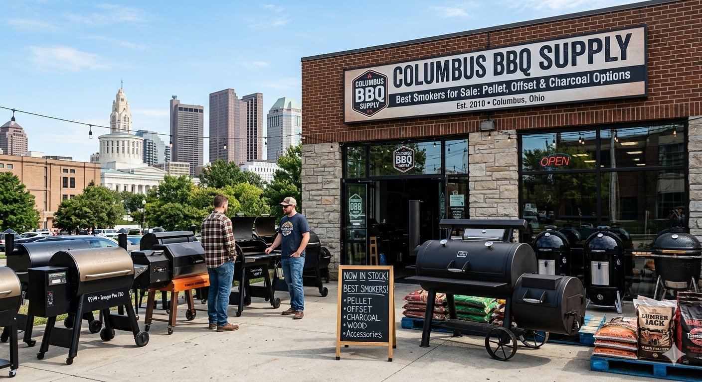 traeger timberline 850 A photograph of a Columbus BBQ specialty store displaying a variety of black smokers on the pavement out front. Beyond the store, the cityscape of Columbus, Ohio, featuring the distinctive leaning tower, rises under a blue sky.