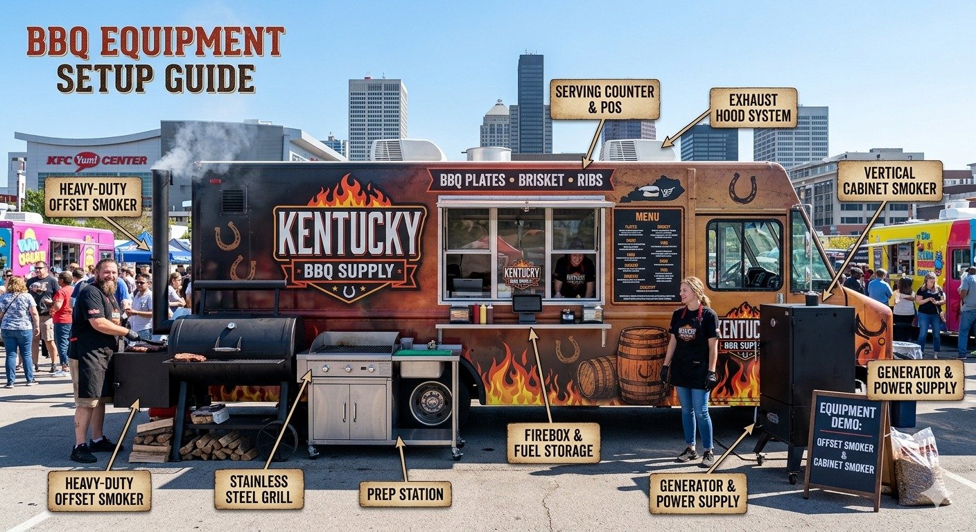 An outdoor scene showing the "Kentucky BBQ Supply" food truck parked in a city lot with the Louisville skyline in the background. The image serves as a "BBQ Equipment Setup Guide," with numerous text labels pointing to specific components, such as "Heavy-Duty Offset Smoker," "Stainless Steel Grill," "Vertical Cabinet Smoker," and "Generator & Power Supply."