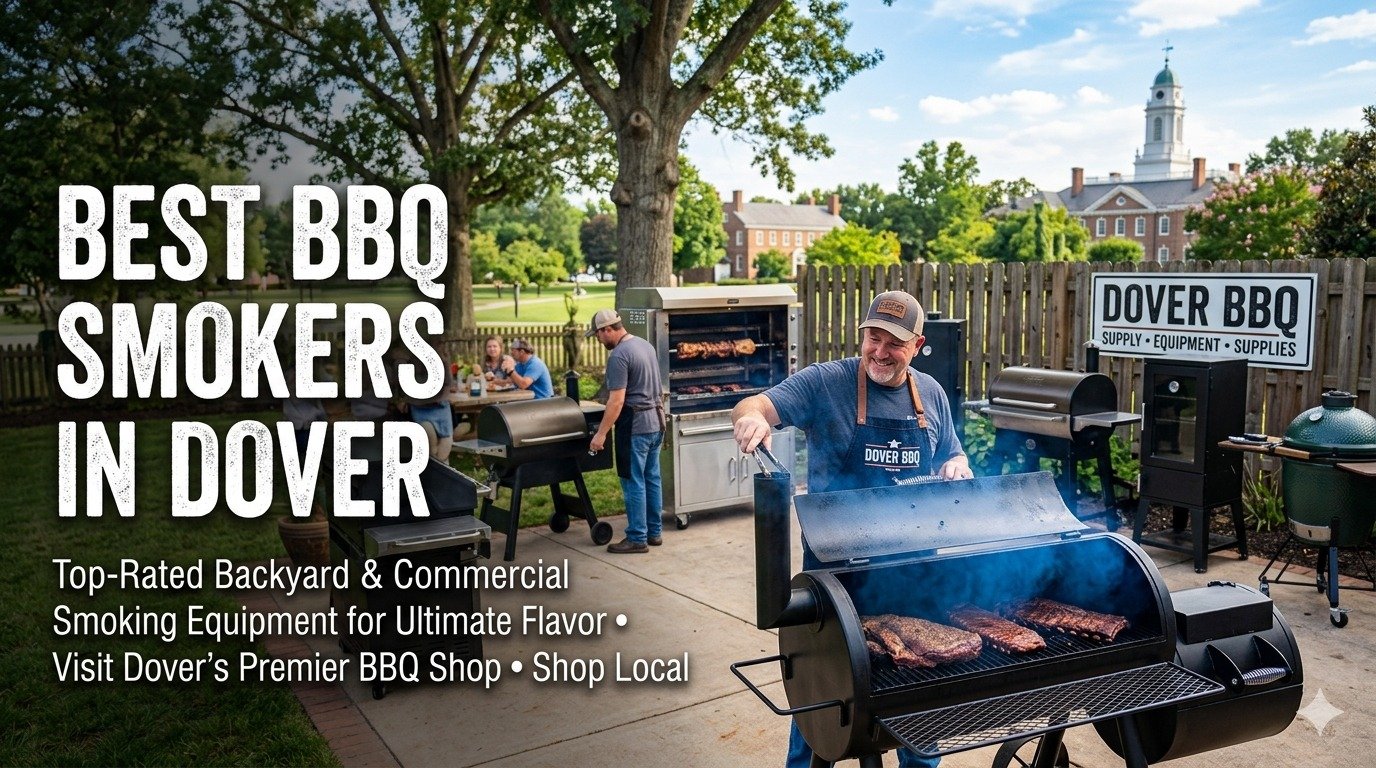 A man operates a large offset smoker at an outdoor BBQ shop in Dover, Delaware, with diverse commercial and backyard smoking equipment displayed under a blue sky.