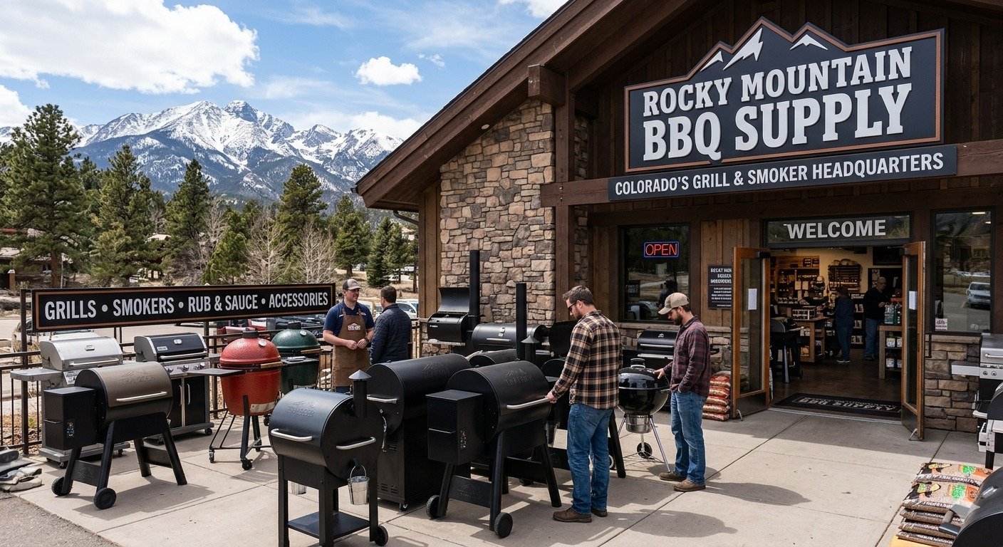 An outdoor display of various BBQ grills and smokers in front of a rustic Colorado grill store with snow-capped mountains in the background.
