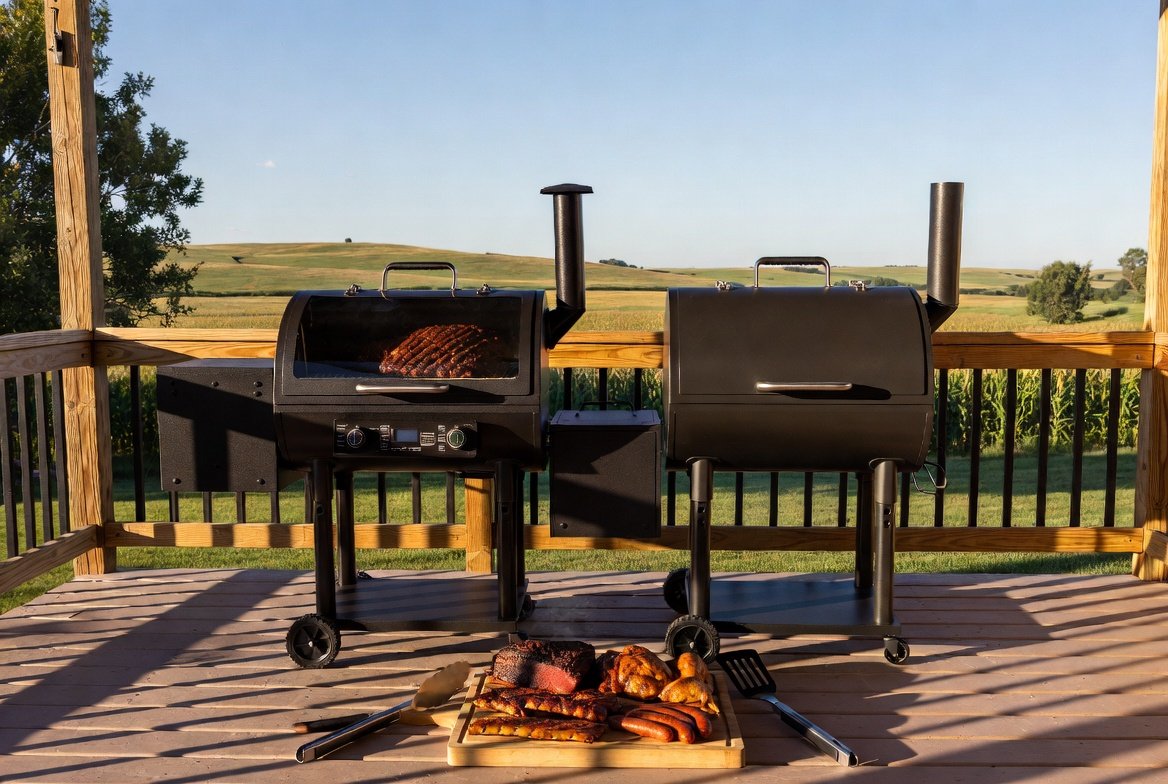 Beginner-friendly BBQ smokers smoking meats on a Nebraska backyard deck with golden cornfields and open plains at sunset.