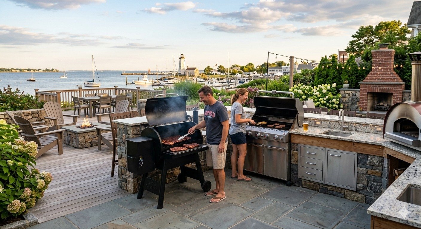 A stunning, full outdoor kitchen on a Bridgeport waterfront patio, featuring a large built-in stainless steel grill, a heavy-duty offset smoker, stone countertops, and a dining area, with a scenic view of the harbor and marina at dusk.
