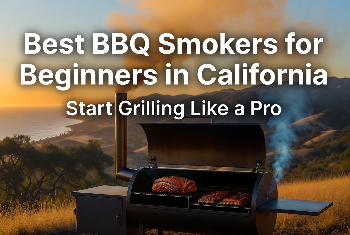 Best BBQ Smokers for Beginners in California: Start Grilling Like a Pro. Hero image of a beginner-friendly offset smoker with brisket and ribs in a scenic California golden hour landscape with rolling hills
