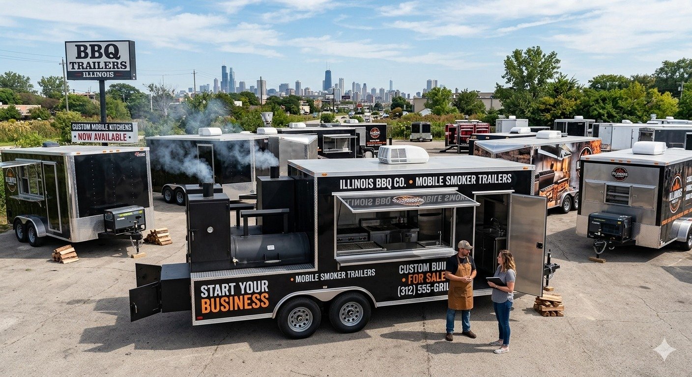 A large black BBQ smoker trailer sits parked in a outdoor lot, showing off its equipment like the smoke stack and prep counters. Signs on the side read "START YOUR BUSINESS" and "FOR SALE", indicating that these mobile setups are available for purchase.