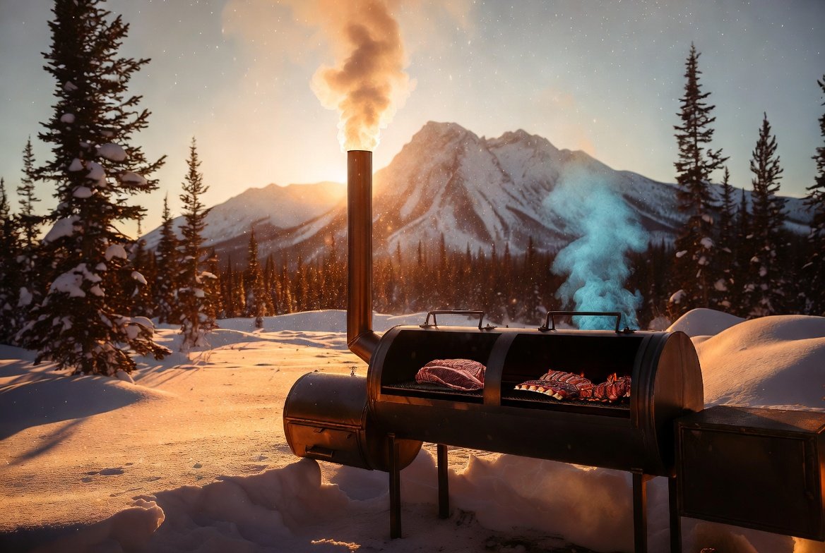 Photorealistic cinematic scene of a heavy-duty custom offset smoker in a snowy Alaskan winter landscape at golden hour, with brisket and ribs on the grate, thin blue smoke rising from the chimney, snow-covered mountains and pine trees in the background.