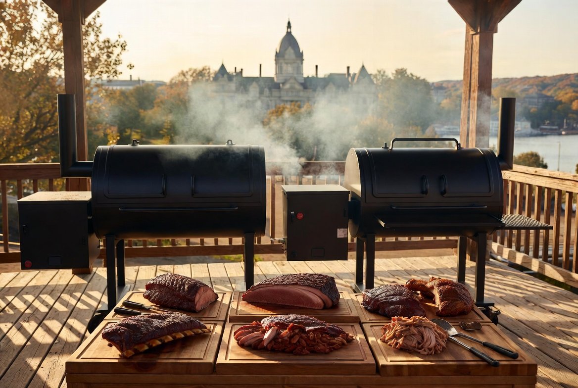 Premium BBQ smokers actively smoking brisket and ribs on a deck in Albany, NY with the State Capitol and Hudson River in the background at sunset.