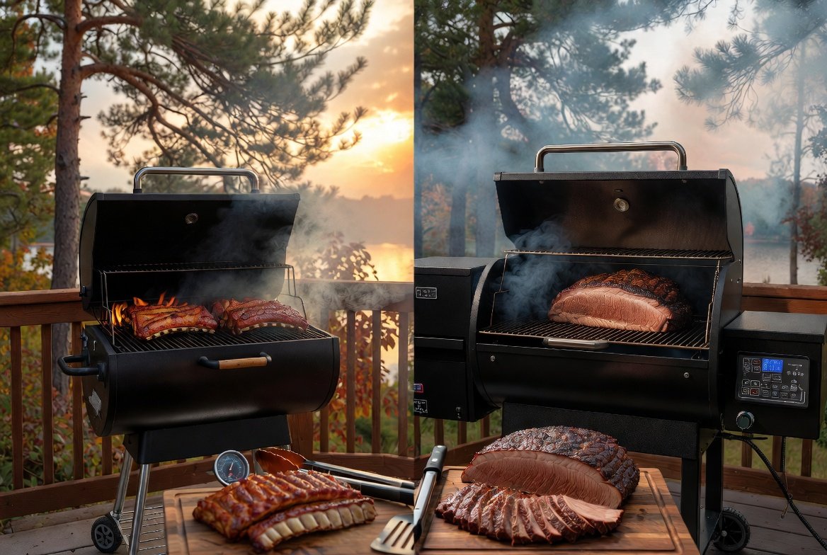 Side-by-side comparison of charcoal grill vs pellet grill smoking meats on a Minnesota backyard deck with lake and forest views.