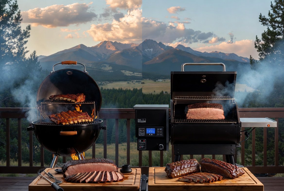 Charcoal grill vs pellet grill side-by-side comparison smoking BBQ meats on a Montana deck with Rocky Mountain backdrop.