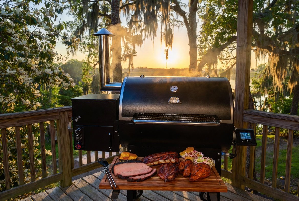 Premium pellet grill smoking brisket and ribs on a Southern Mississippi deck surrounded by magnolias and lush greenery at golden hour.