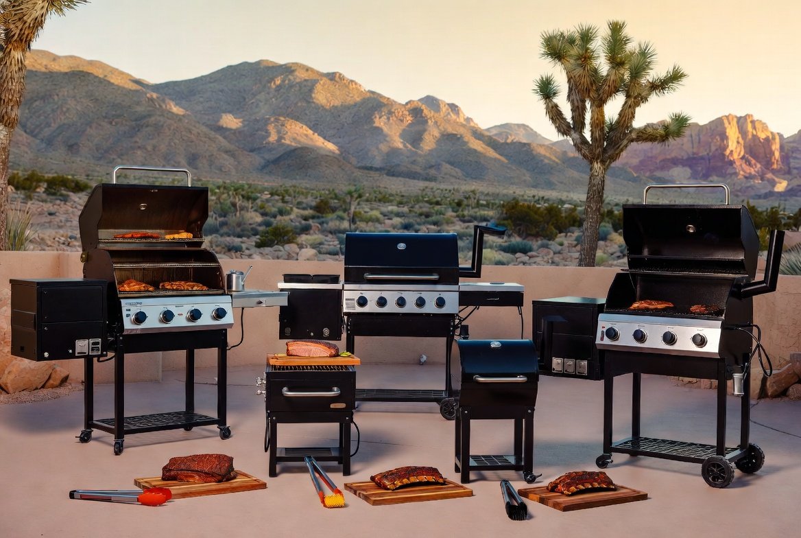 Premium BBQ grills and smokers displayed on a desert patio with Nevada mountains and golden hour lighting.
