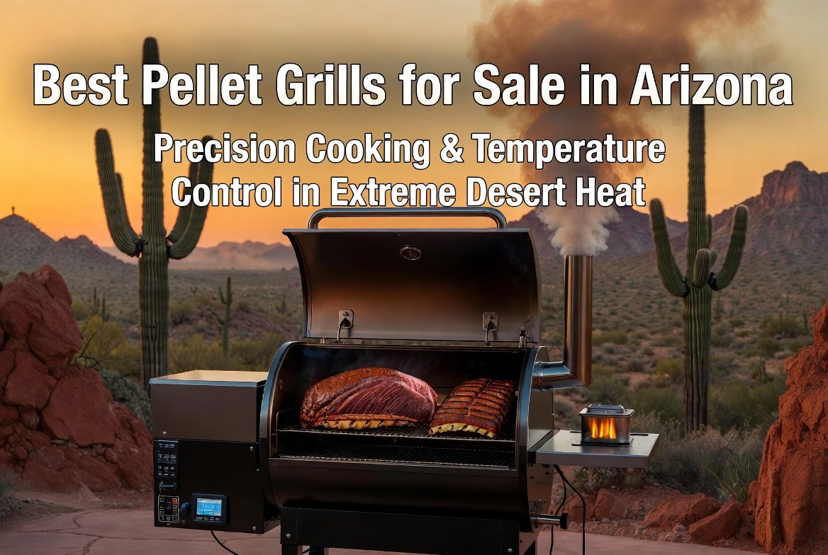 Best Pellet Grills for Sale in Arizona - Precision Cooking in Extreme Desert Heat. Hero image of a premium pellet grill smoking brisket and ribs in an Arizona desert backyard at golden hour with saguaro cacti and red rocks.