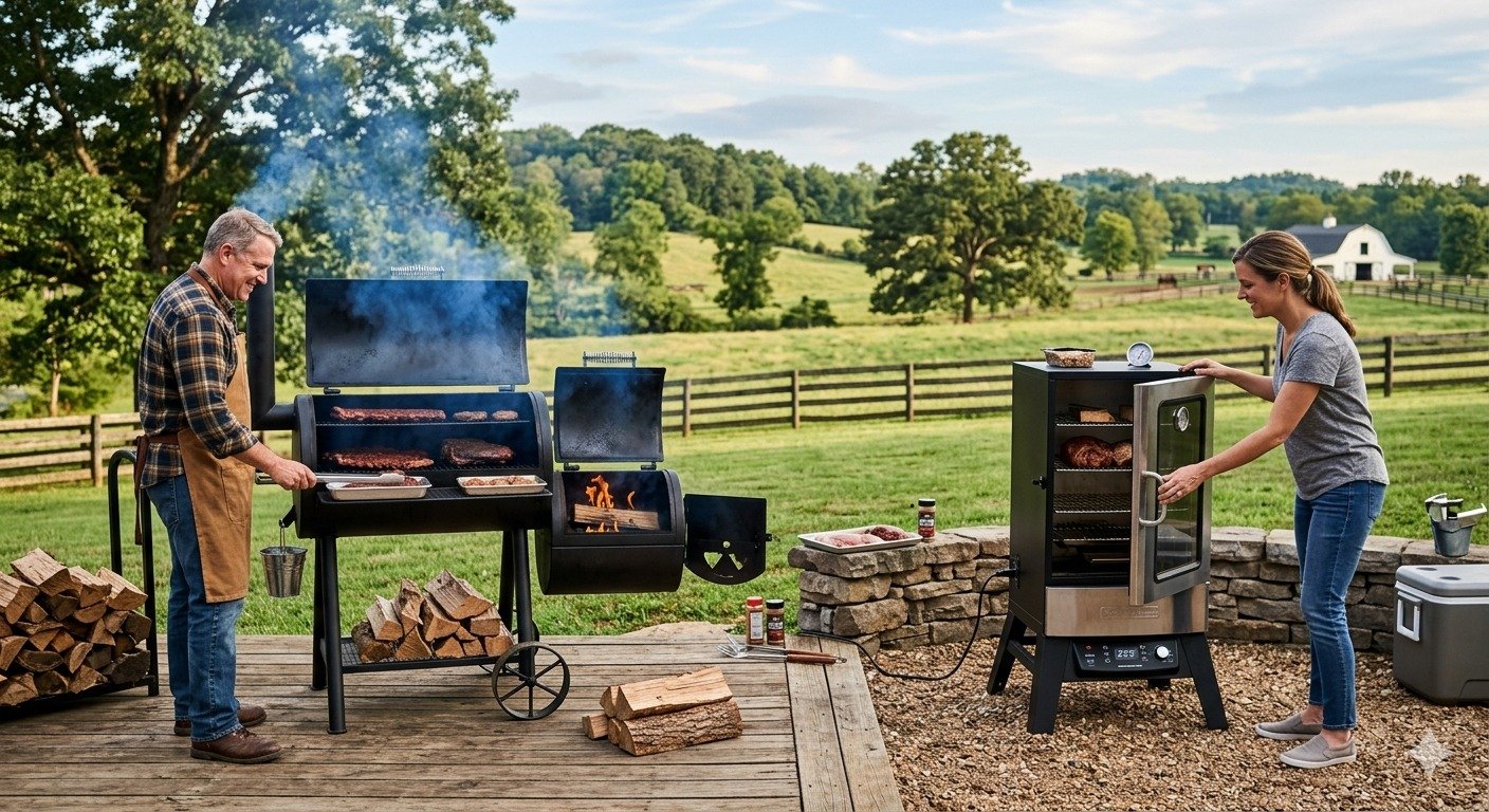 A man manages an offset wood smoker while a woman opens a modern electric smoker on a backyard deck, demonstrating the different cooking methods in Kentucky.