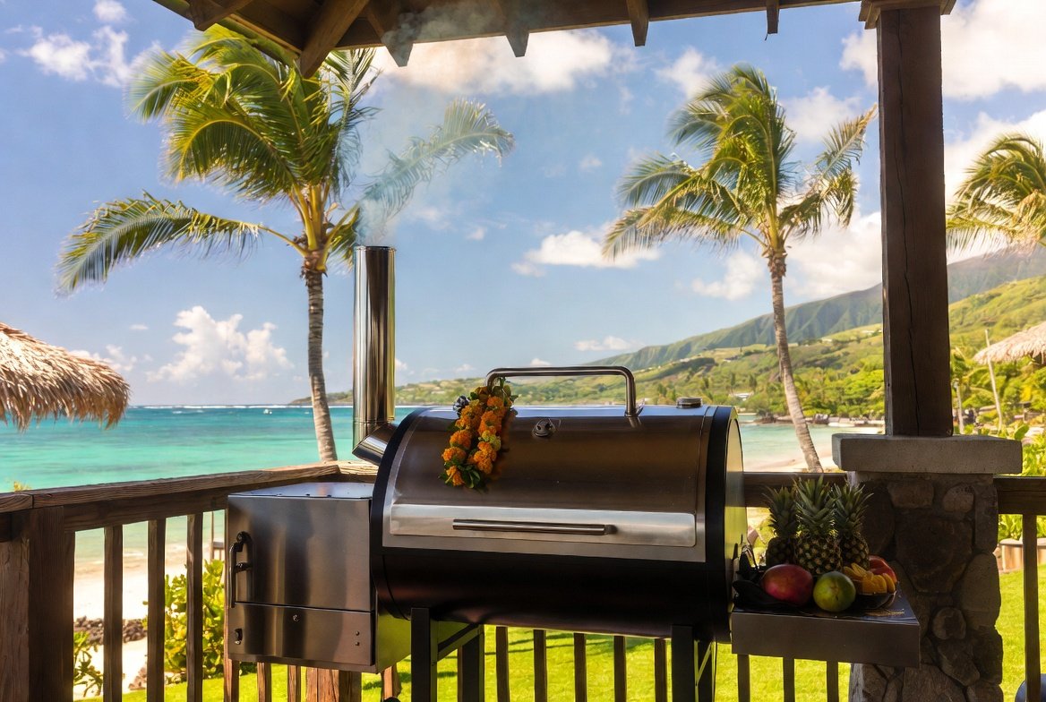 Hawaiian ocean view backyard with premium BBQ smoker on a sunny lanai surrounded by palm trees and tropical fruits