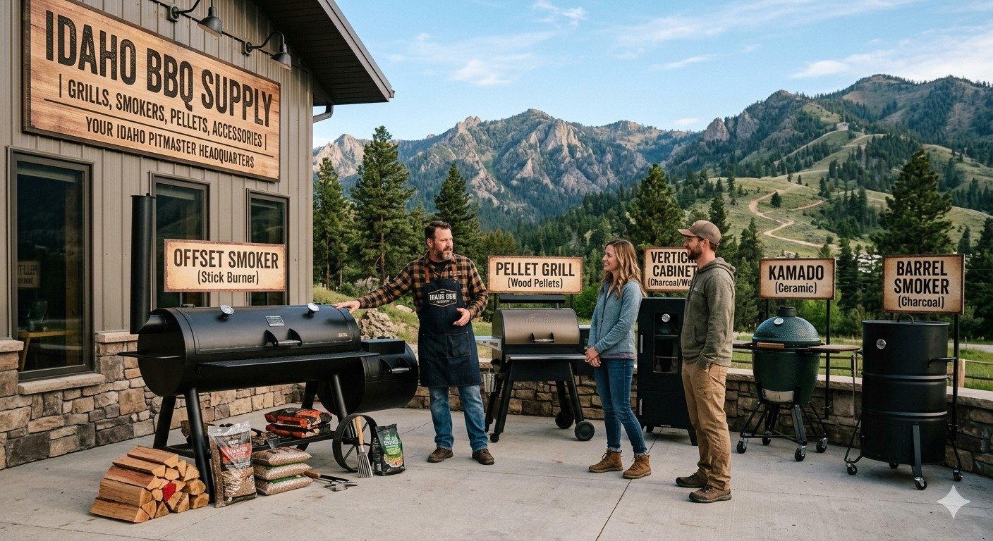 A male store owner helps a couple compare various styles of BBQ smokers, including an offset smoker and a pellet grill, on an outdoor patio at a specialty BBQ store in the scenic Idaho mountains.