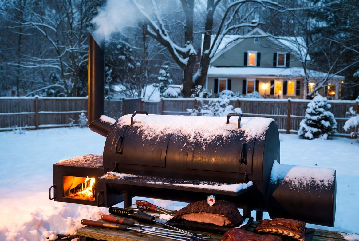 Large offset smoker smoking brisket in a snowy Massachusetts backyard during winter, with warm fire glow and New England scenery.