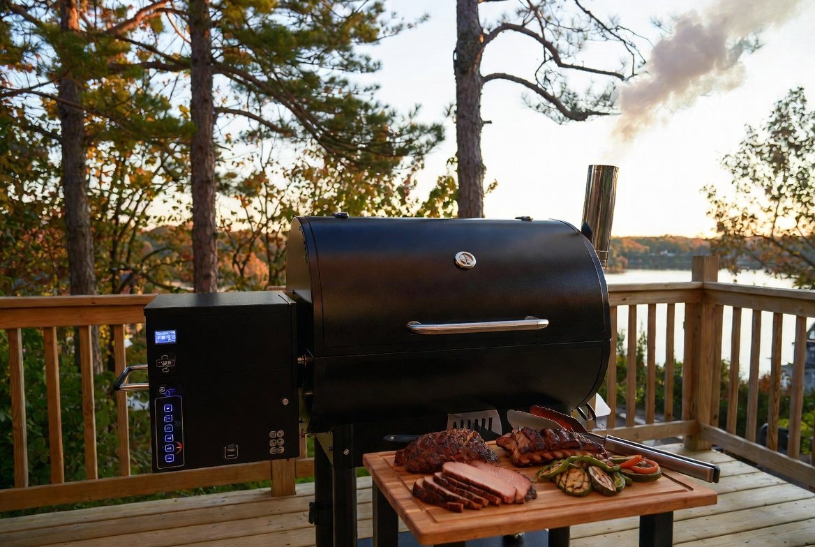 Premium pellet grill smoking ribs and brisket on a Michigan backyard deck with lake and forest views, showcasing all-season precision BBQ cooking.