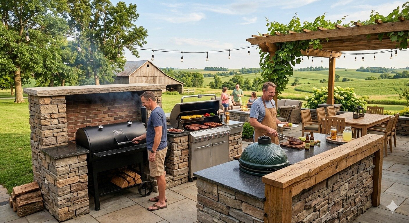 A photograph of an expansive outdoor kitchen built into a stone patio in a scenic Iowa backyard with rolling green hills. The setup features a large, built-in offset smoker, a stainless steel gas grill, and a ceramic Kamado-style grill integrated into granite countertops.