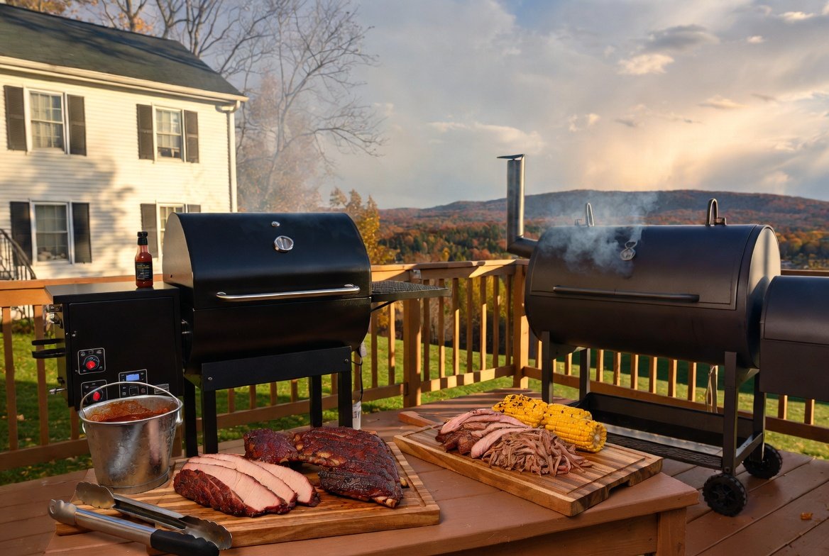 Premium BBQ smokers actively smoking brisket and ribs on a Jersey City rooftop with Manhattan skyline and Hudson River views at sunset.