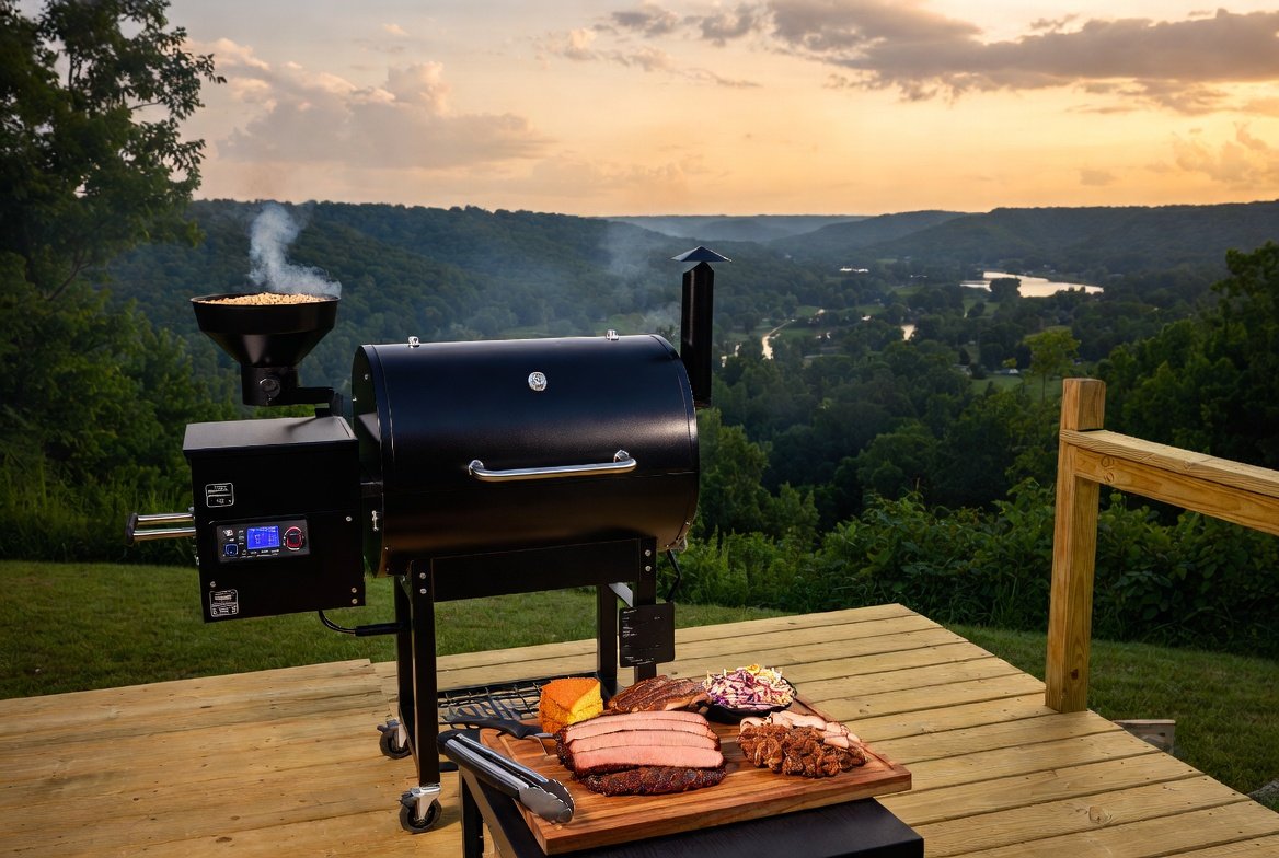 Premium pellet grill smoking brisket and ribs on a Missouri backyard deck overlooking rolling hills and river at golden hour. best traeger for beginners