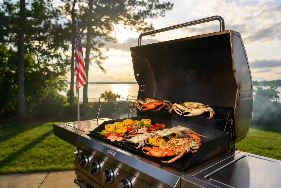 Premium stainless steel BBQ grill with hotplate cooking fresh Maryland blue crabs and seafood on a sunny backyard patio overlooking Chesapeake Bay