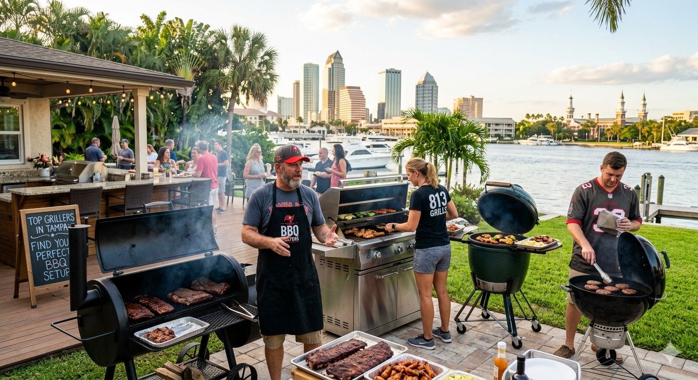 : Three professional pitmasters showcasing different BBQ grills (offset smoker, ceramic, and charcoal) in a Tampa backyard with the downtown skyline 250 gallon propane tank smoker