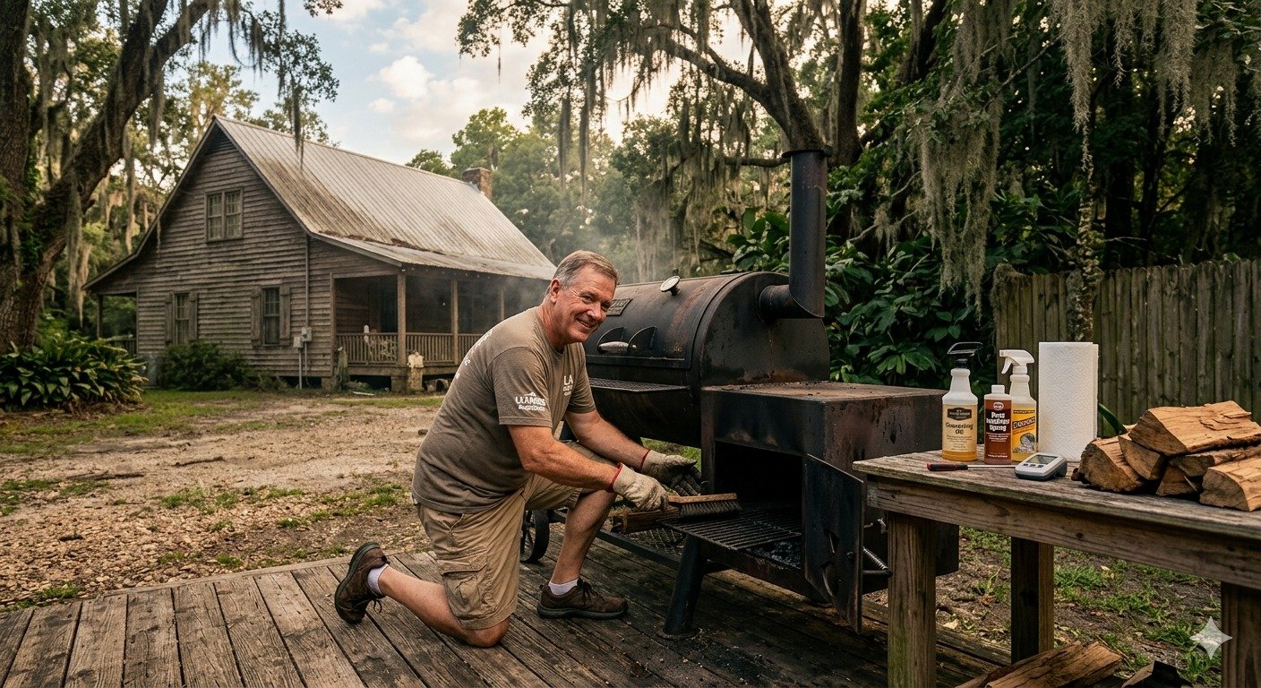 A man wearing a 'LA SMOKEHOUSE' t-shirt is kneeling on a wooden deck in a humid Louisiana backyard, actively cleaning the interior of a large, black offset 'CAJUN SMOKER CO.' unit with a wire brush. The lush environment features a rustic, Acadian-style house and towering live oak trees draped in Spanish moss.