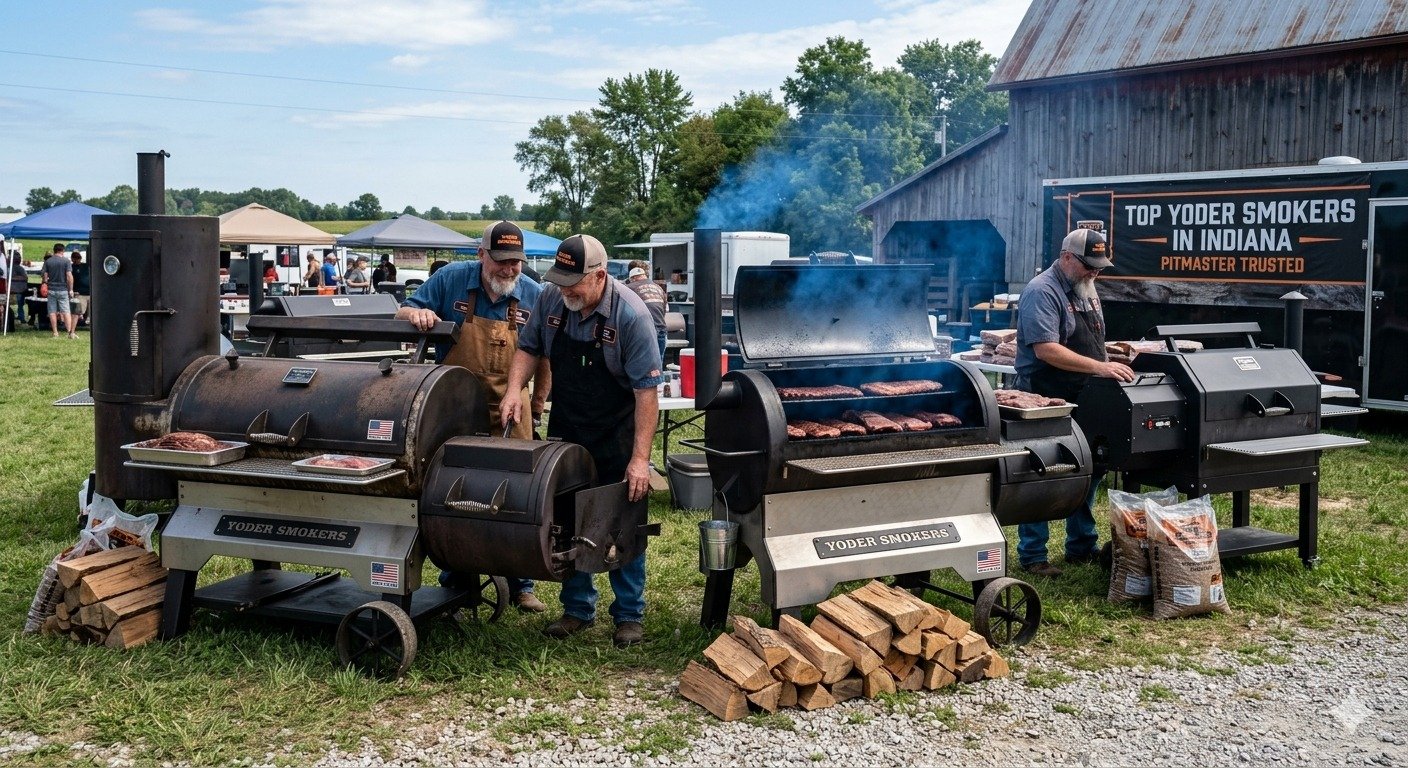 A group of Hoosier pitmasters operating premium Yoder Smokers at a vibrant outdoor competition in rural Indiana. commercial bbq grills smokers